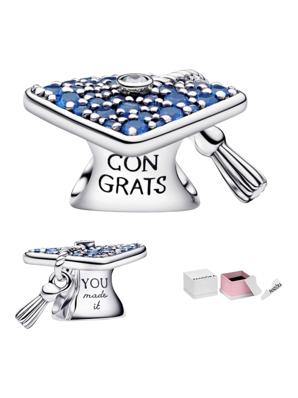 Pandora Sterling Silver 'Congrats' Graduation Cap Charm with Blue Stones